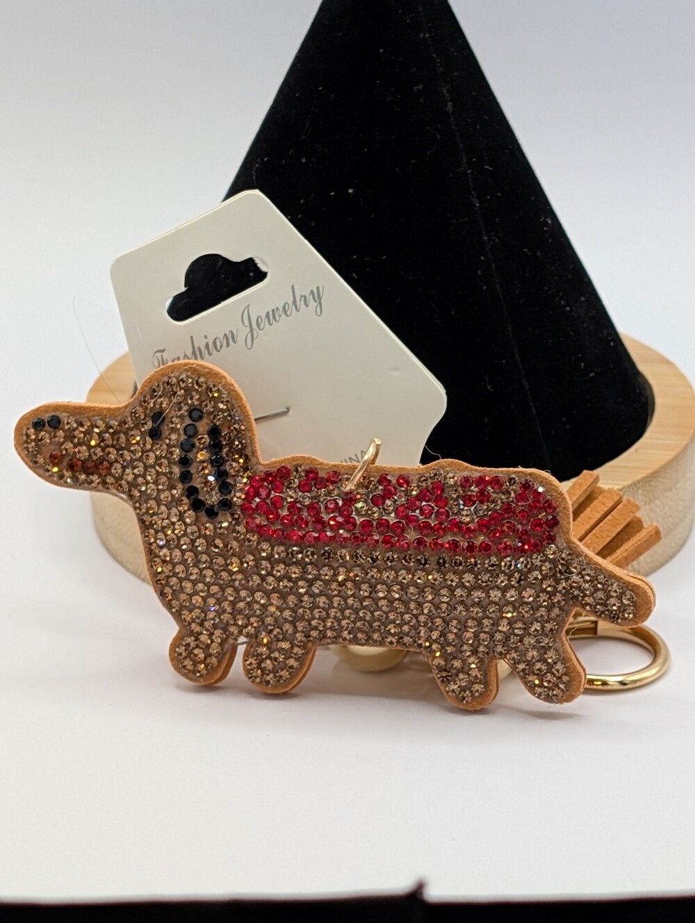 Fashion Jewelry Brown Rhinestone Dachshund Bag Charm/ Keychain with Red Accent